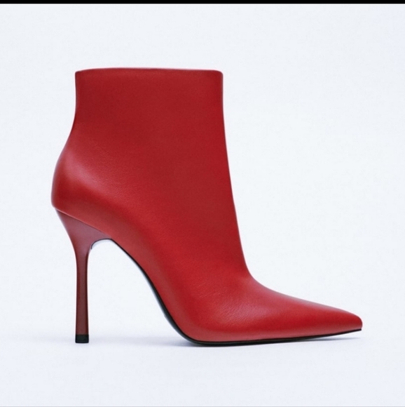 Zara Pointed Toe Heeled Ankle Boots Red - Picture 3 of 13